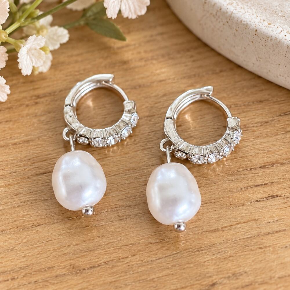 Silver Tone Rhinestone Hoop Earrings with Pearl Drop Dangle